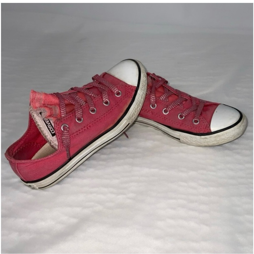 Girl’s Converse Pink and White Canvas Sneakers with Rubber Toe Cap Size 2